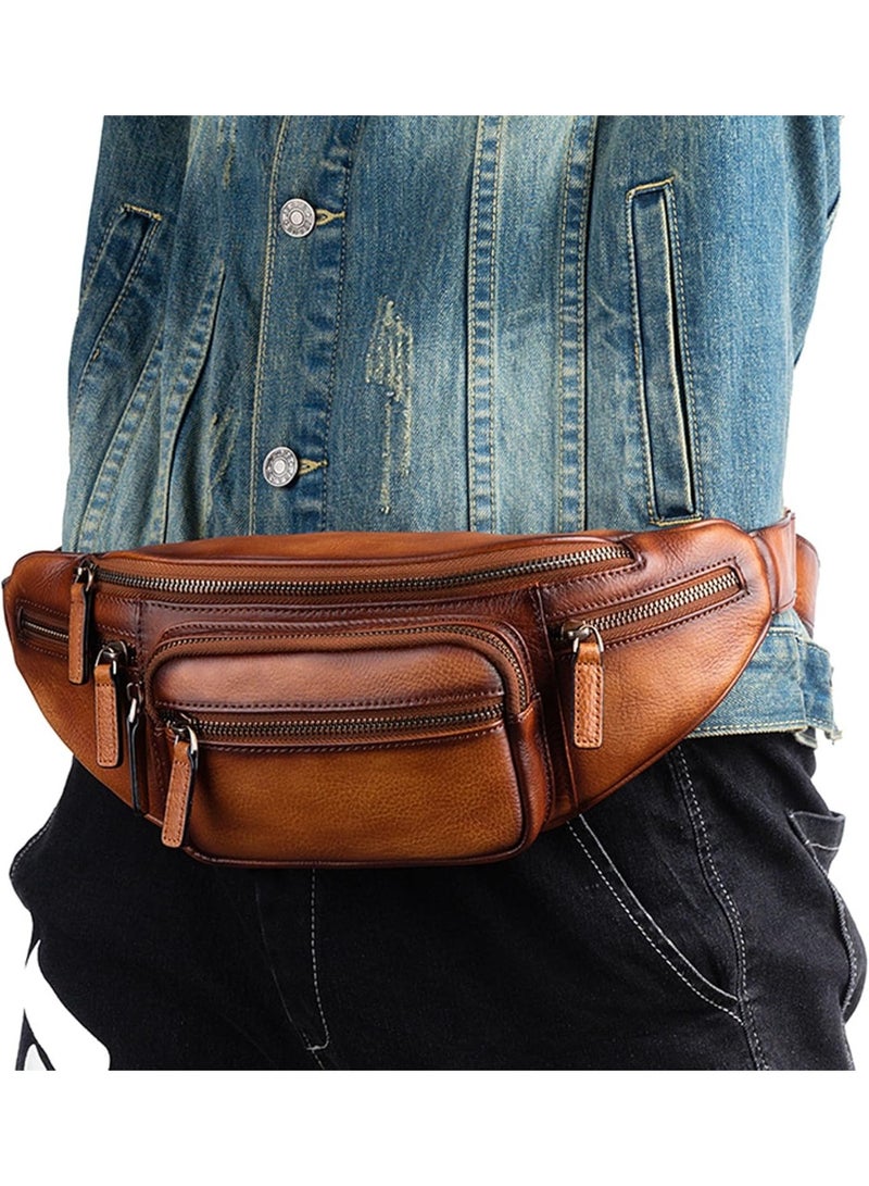 Genuine Leather Fanny Pack Waist Bag for Men Women Hip Bum Bag Travel Pouch Sling Bag Crossbody Chest Bags Shoulder Daypack Multiple Pockets Waist Pack Brown - Image 2